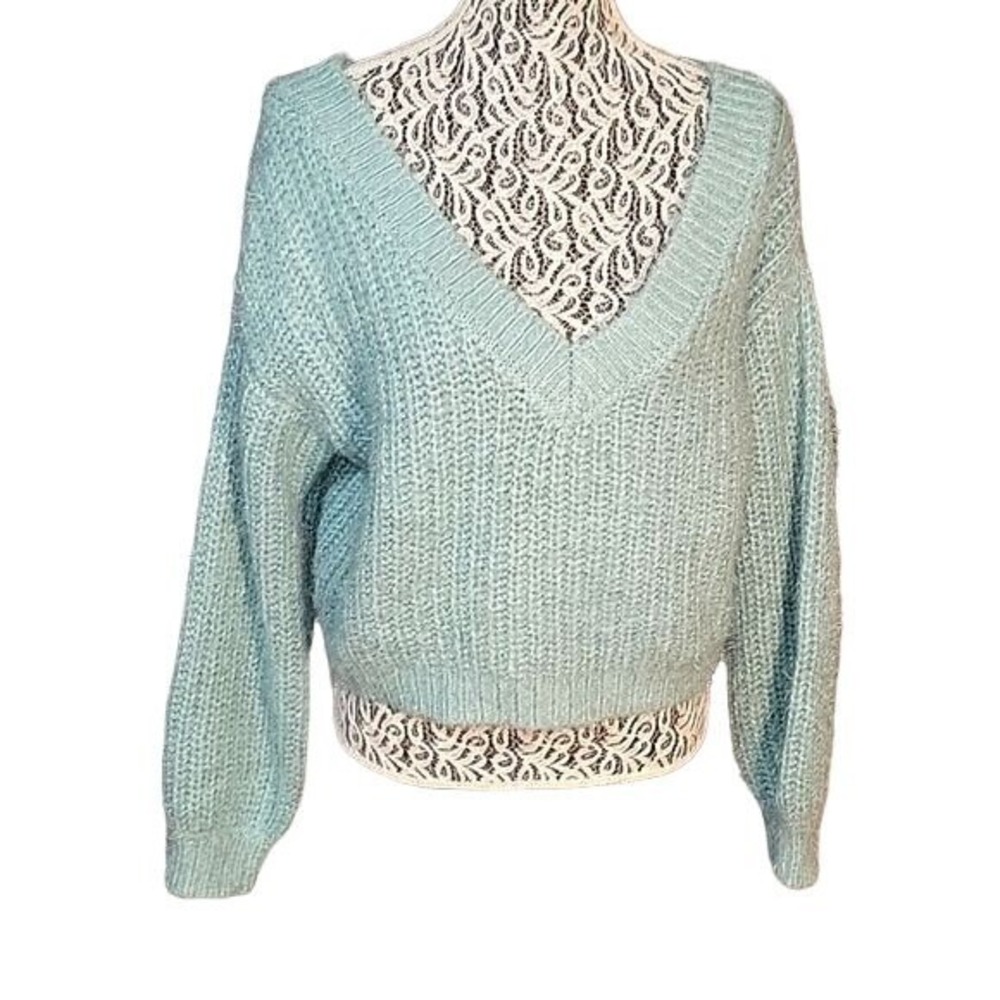 V-Neck Sweater Fuzzy Knit Pullover Long Sleeve Cozy Comfy Blue